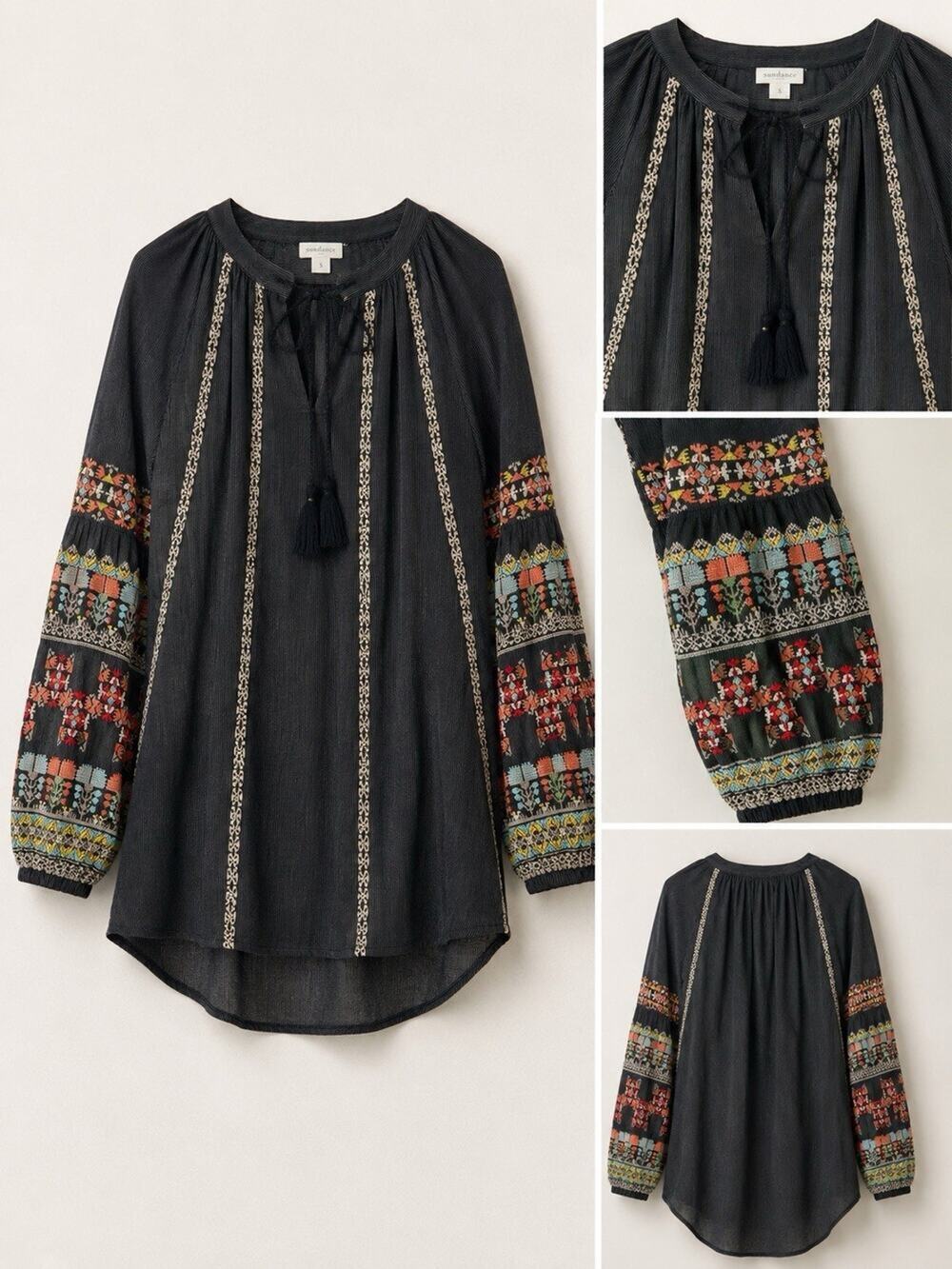 Sundance S Blouse Top Black Embroidered Tassel Boho Hippie Peasant 100% Cotton